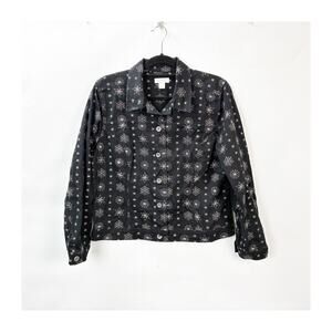 Christopher & Banks Denim Snowflake Jacket Large Women Black Embroidered